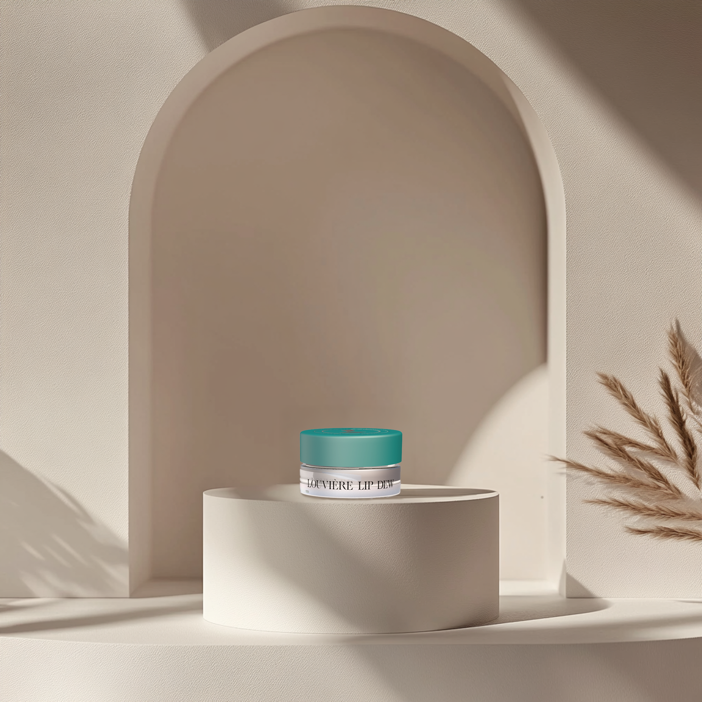 Louviere Lip Dew product photography. Shot from front. Aesthetic background. Lip Balm in a glass jar with green cap.